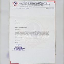 Appreciation Letter From Sahyadri Shikshan Seva Mandal's English High School