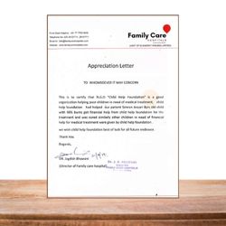 Appreciation Letter from Family Care Hospitals